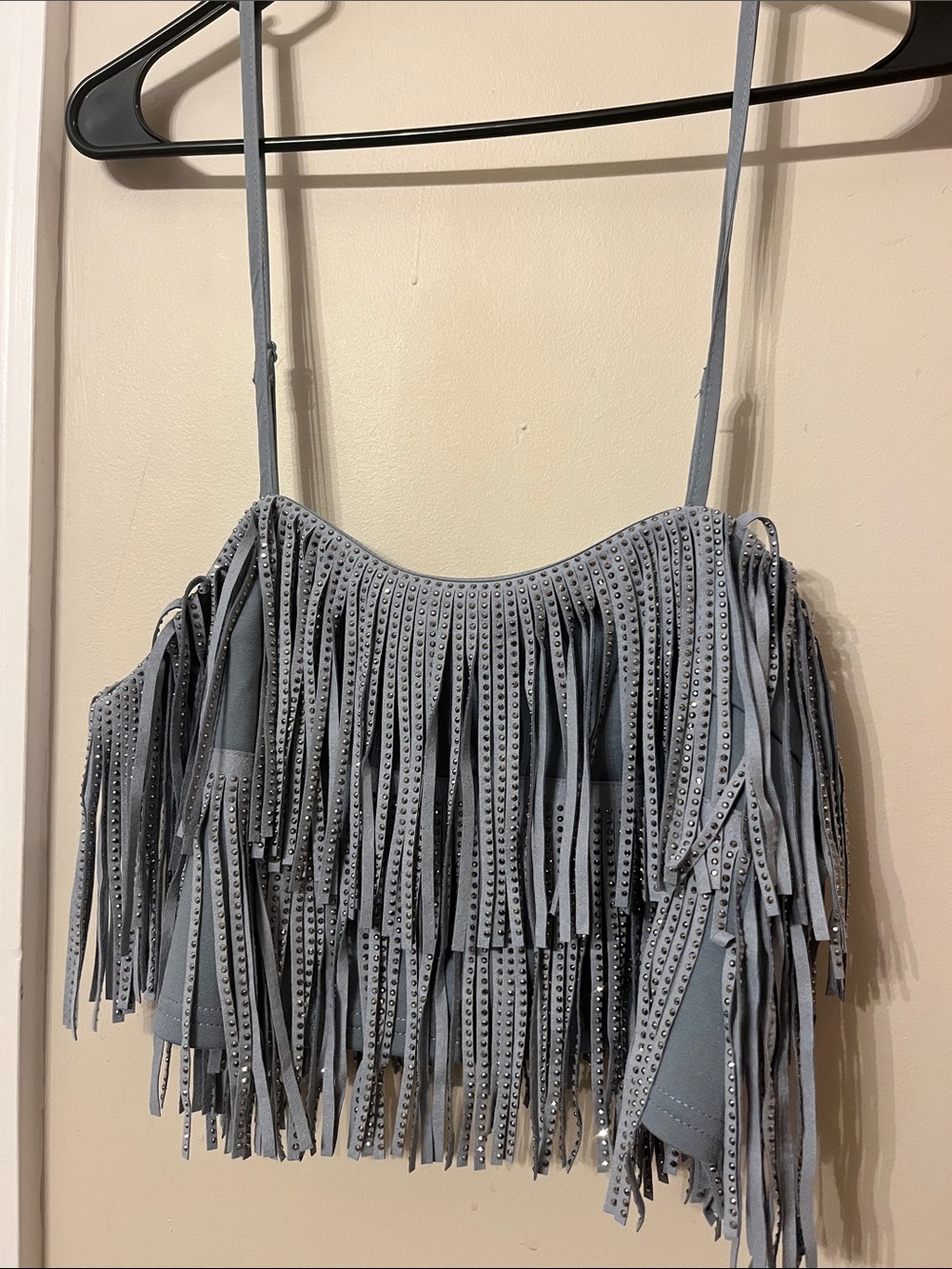 Fringed Studded Top - Light Gray/Blue